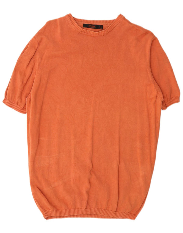 Zara Mens Short Sleeve Boat Neck Jumper Sweater XL Orange Cotton