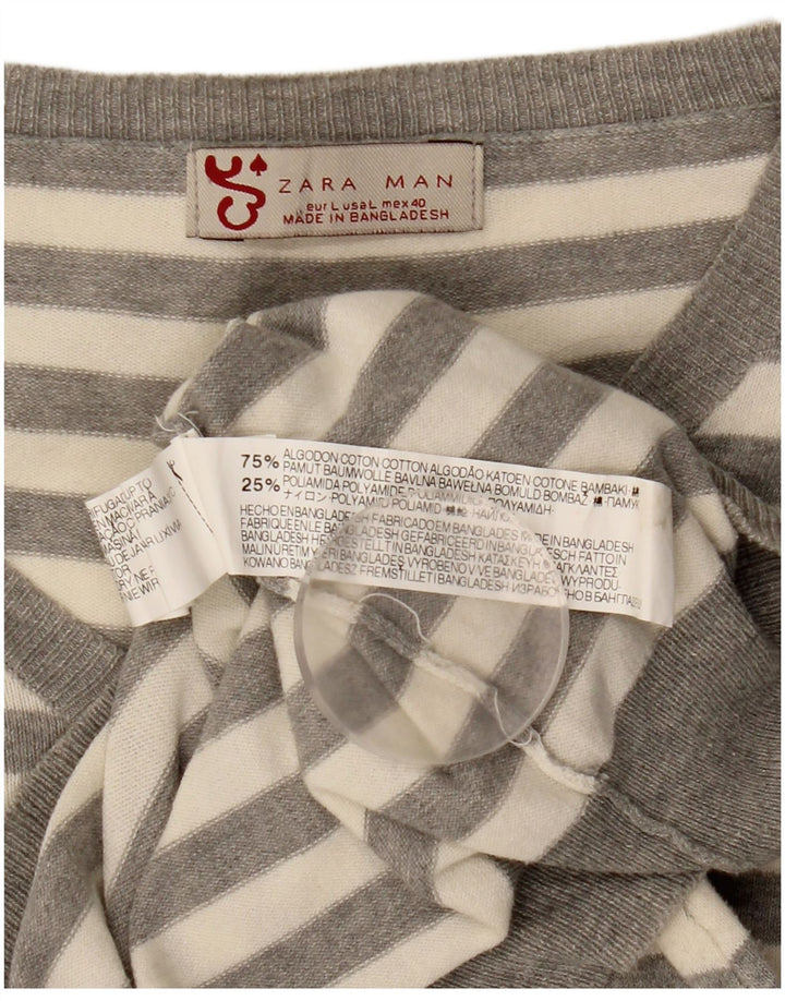 Zara Mens V-Neck Jumper Sweater Large Grey Striped Cotton