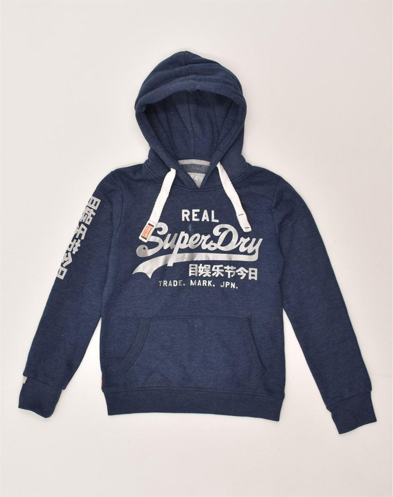 SUPERDRY Womens Graphic Hoodie Jumper UK 4 XS Navy Blue Cotton | Vintage Superdry | Thrift | Second-Hand Superdry | Used Clothing | Messina Hembry 