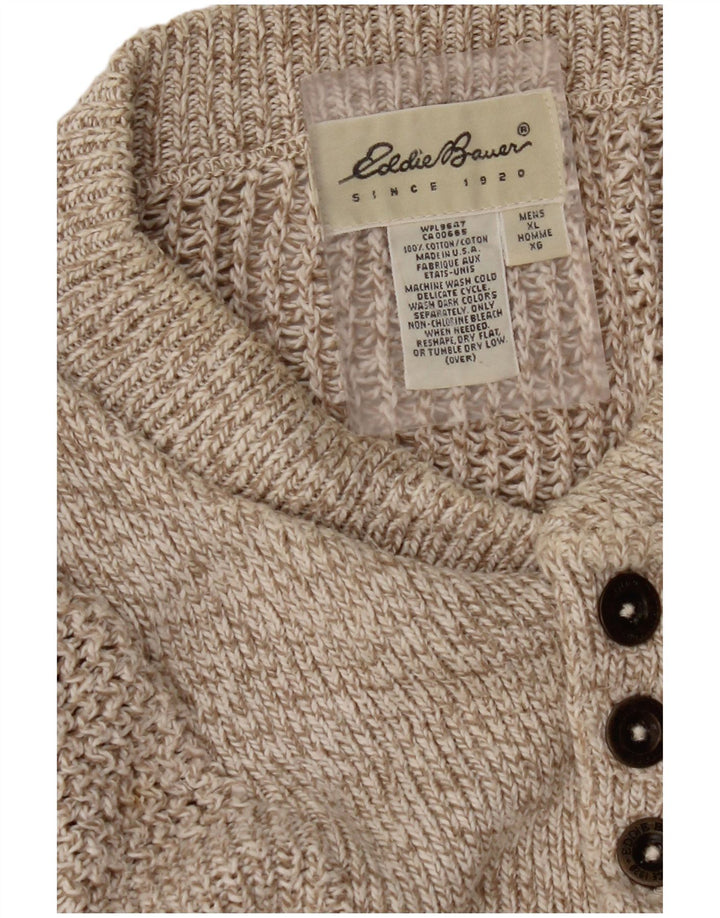 EDDIE BAUER Mens Oversized Button Neck Jumper Sweater XL Beige Flecked