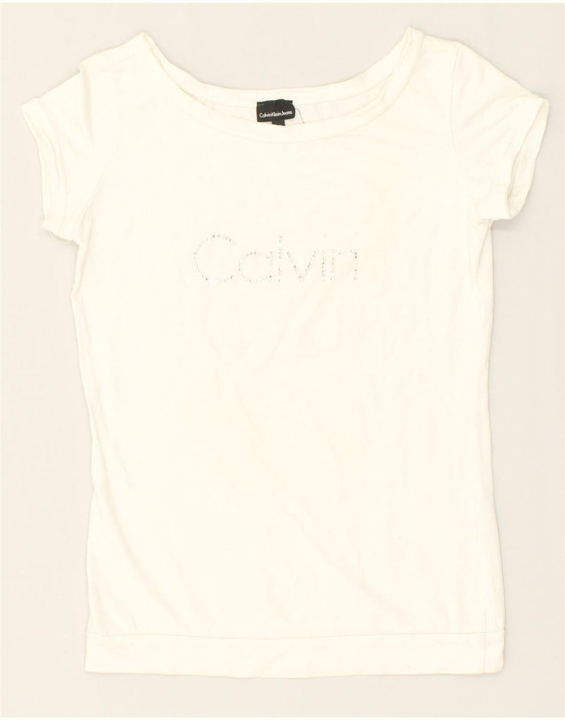 CALVIN KLEIN Womens Graphic T-Shirt Top UK 12 Medium Off White Cotton | Vintage Calvin Klein | Thrift | Second-Hand Calvin Klein | Used Clothing | Messina Hembry 