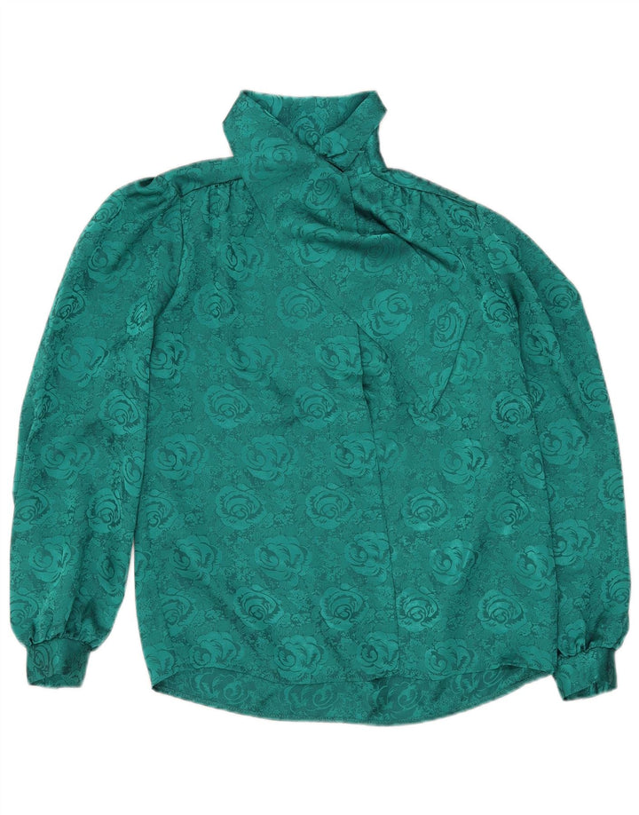 Vintage Womens Front Tie Shirt Blouse UK 12 Medium Green Floral Polyester