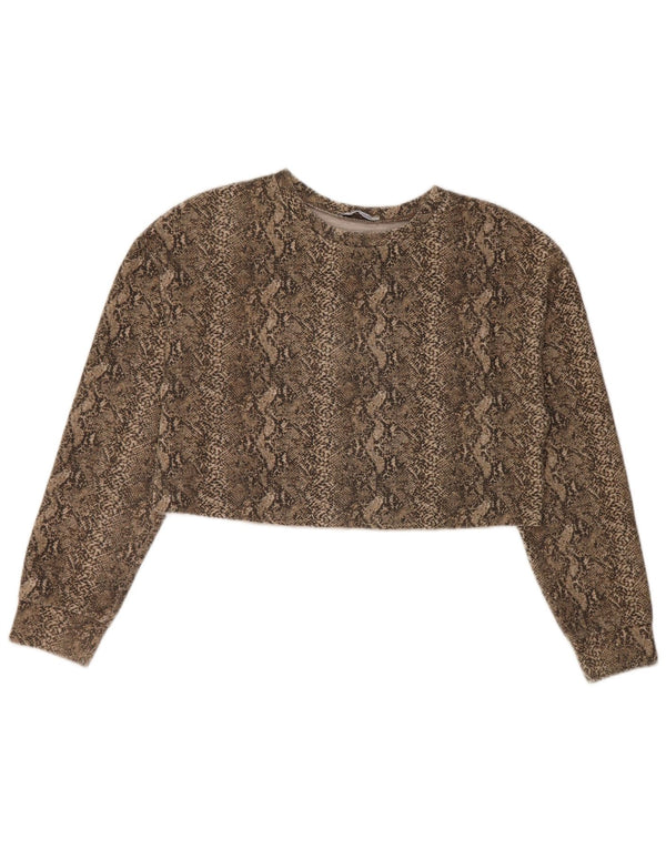 Zara Womens Crop Oversized Top Long Sleeve UK 10 Small Khaki Animal Print
