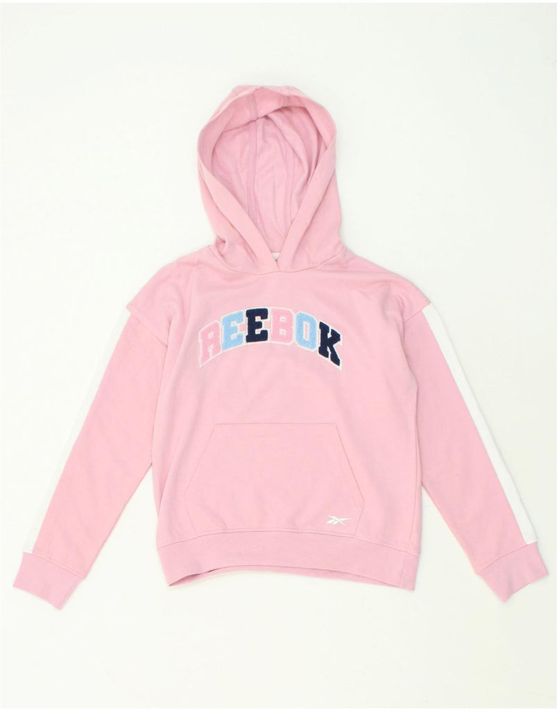 REEBOK Girls Graphic Hoodie Jumper 13-14 Years Pink Colourblock Cotton | Vintage Reebok | Thrift | Second-Hand Reebok | Used Clothing | Messina Hembry 
