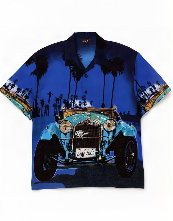 Vintage Mens Hawaiian Short Sleeve Shirt Large Blue Polyester