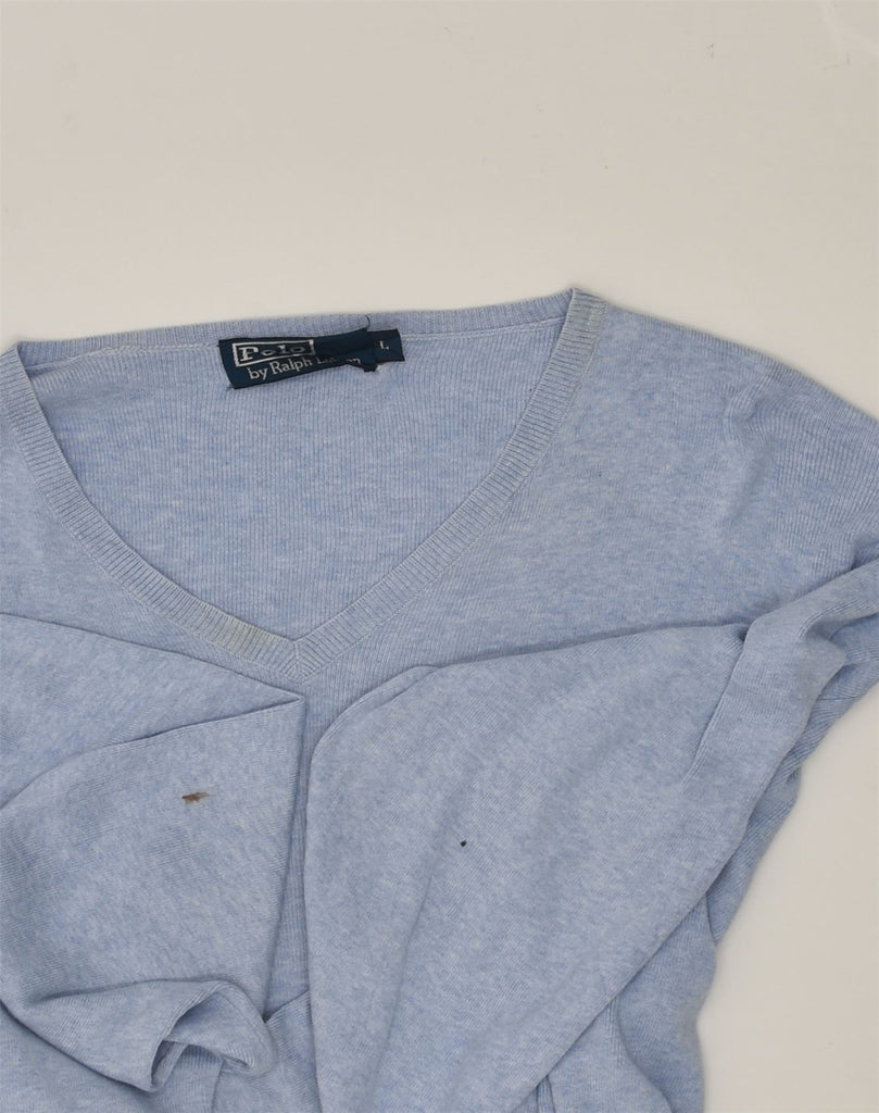 POLO RALPH LAUREN Mens V-Neck Jumper Sweater  Large Blue Cotton | Vintage Polo Ralph Lauren | Thrift | Second-Hand Polo Ralph Lauren | Used Clothing | Messina Hembry 