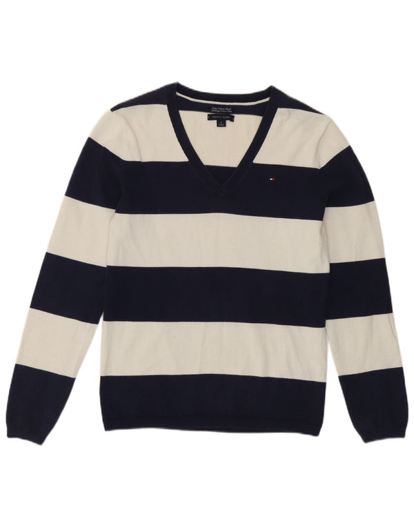 Tommy Hilfiger Womens V-Neck Jumper Sweater UK 12 Medium Navy Blue Striped