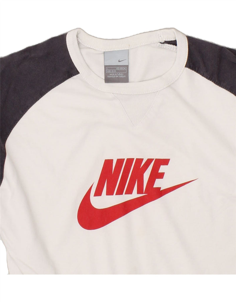 NIKE Boys Graphic Top Long Sleeve 12-13 Years Large White Colourblock | Vintage Nike | Thrift | Second-Hand Nike | Used Clothing | Messina Hembry 