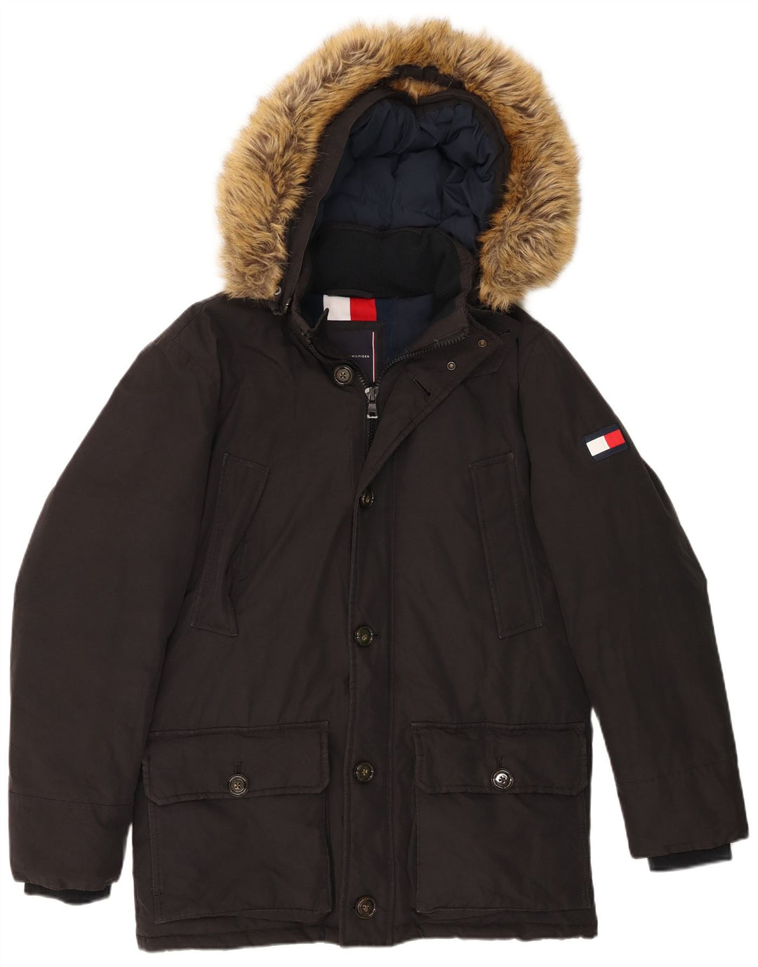 Tommy Hilfiger Mens Hooded Padded Jacket UK 38 Medium Black Cotton