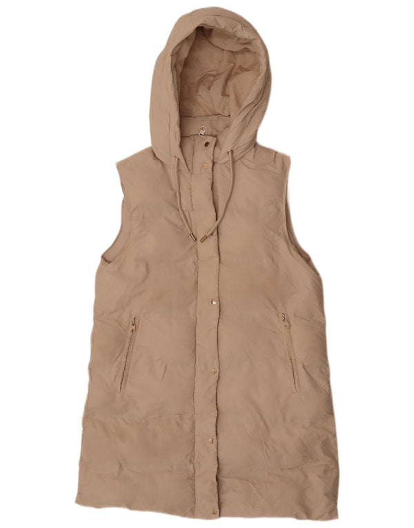 Zara Womens Longline Hooded Padded Gilet UK 16 Large Beige Polyester