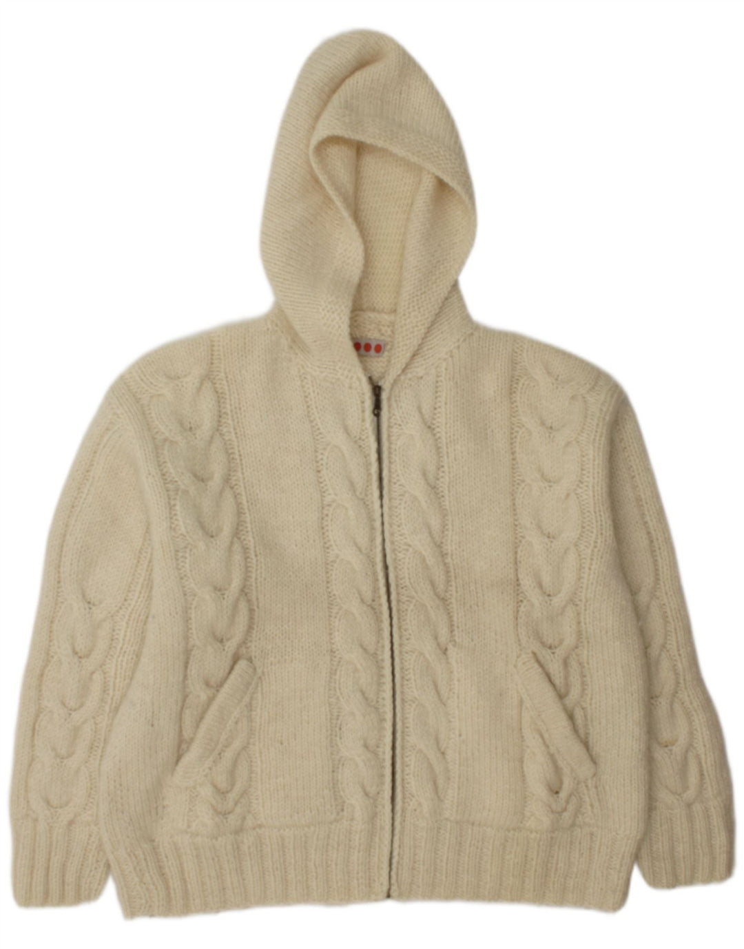 Vintage Mens Hooded Cardigan Sweater Large Off White Wool