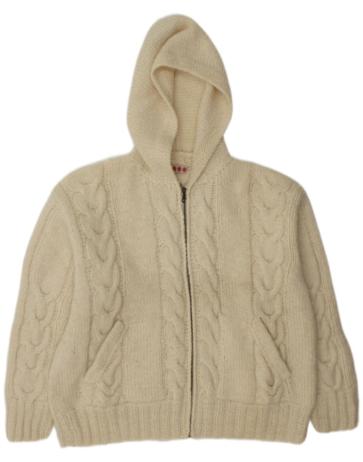 Vintage Mens Hooded Cardigan Sweater Large Off White Wool