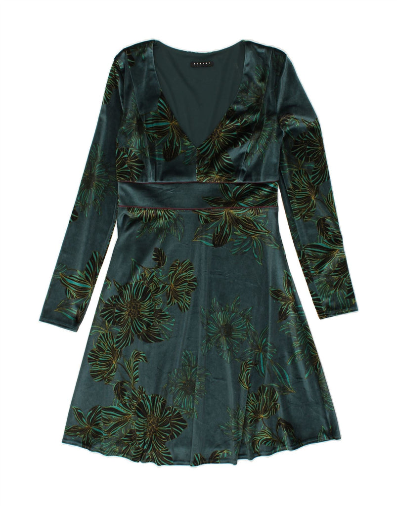 SISLEY Womens Velvet Long Sleeve A-Line Dress UK 8 Small Green Floral | Vintage Sisley | Thrift | Second-Hand Sisley | Used Clothing | Messina Hembry 