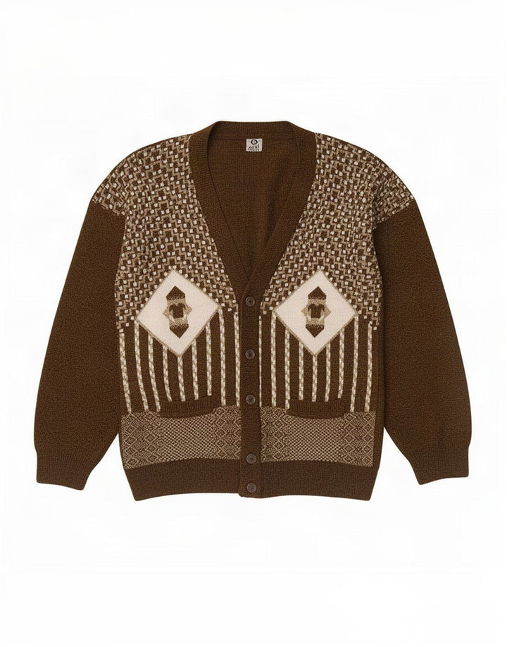 Vintage Mens Cardigan Sweater Medium Brown Geometric