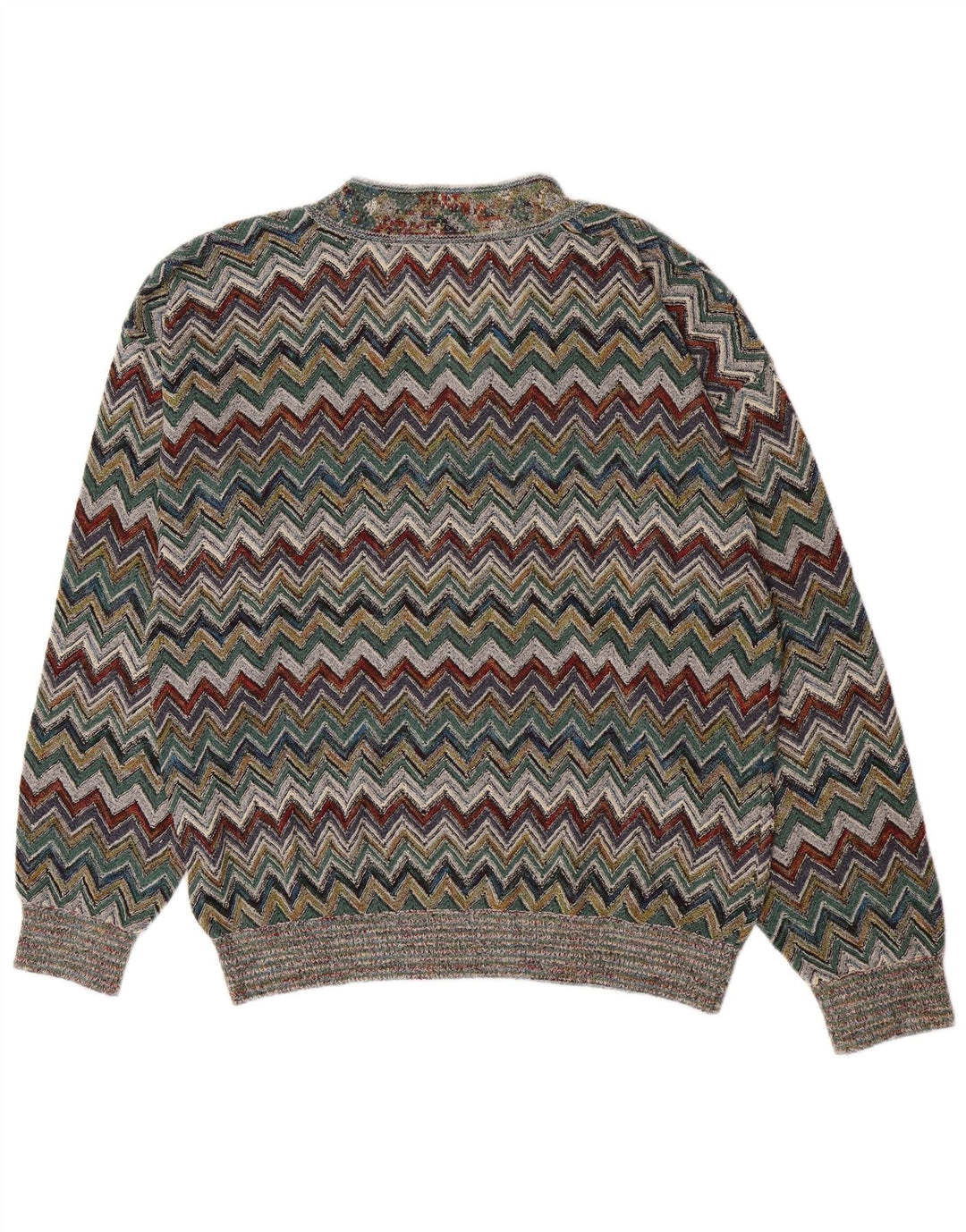 Vintage Mens V-Neck Jumper Sweater Large Multicoloured Chevron Acrylic