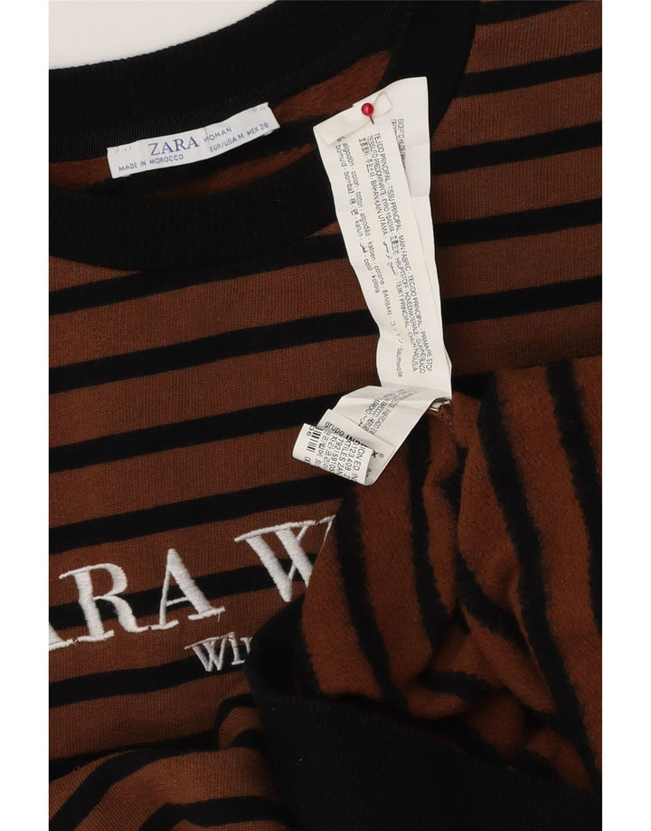 ZARA Womens Graphic Sweatshirt Jumper UK 14 Medium Brown Striped Cotton