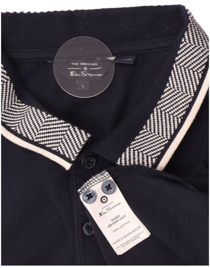 Ben Sherman Mens Polo Shirt Large Navy Blue Striped Cotton