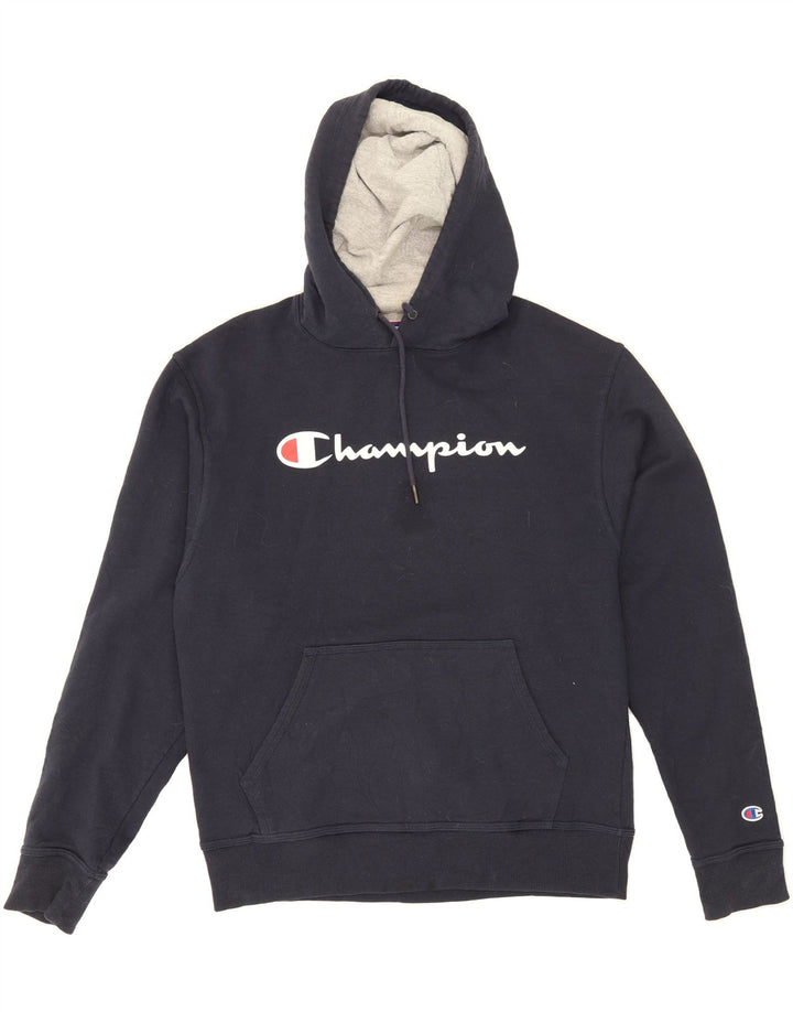 CHAMPION Mens Graphic Hoodie Jumper Medium Navy Blue Cotton Vintage Champion and Second-Hand Champion from Messina Hembry 