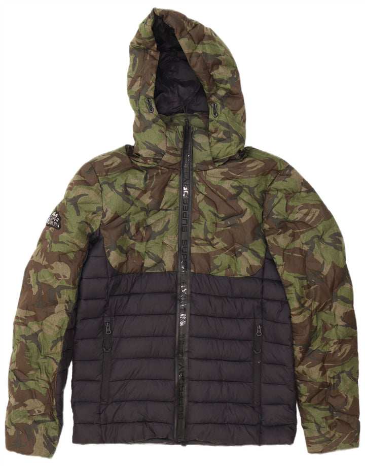 Superdry Mens Hooded Padded Jacket UK 38 Medium Green Camouflage Polyester