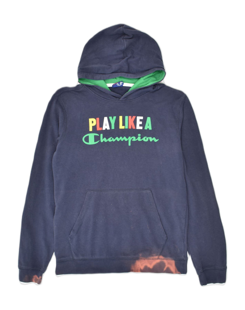 CHAMPION Boys Graphic Hoodie Jumper 13-14 Years XL Navy Blue Cotton | Vintage Champion | Thrift | Second-Hand Champion | Used Clothing | Messina Hembry 