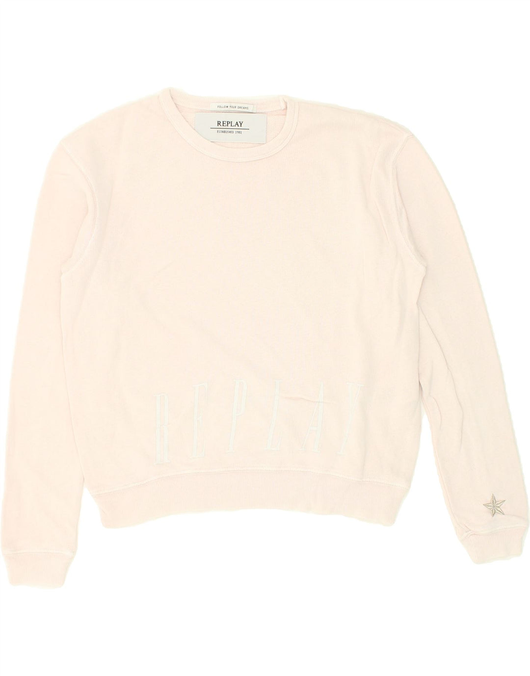 REPLAY Womens Oversized Graphic Sweatshirt Jumper UK 10 Small Pink Cotton Vintage Replay and Second-Hand Replay from Messina Hembry 