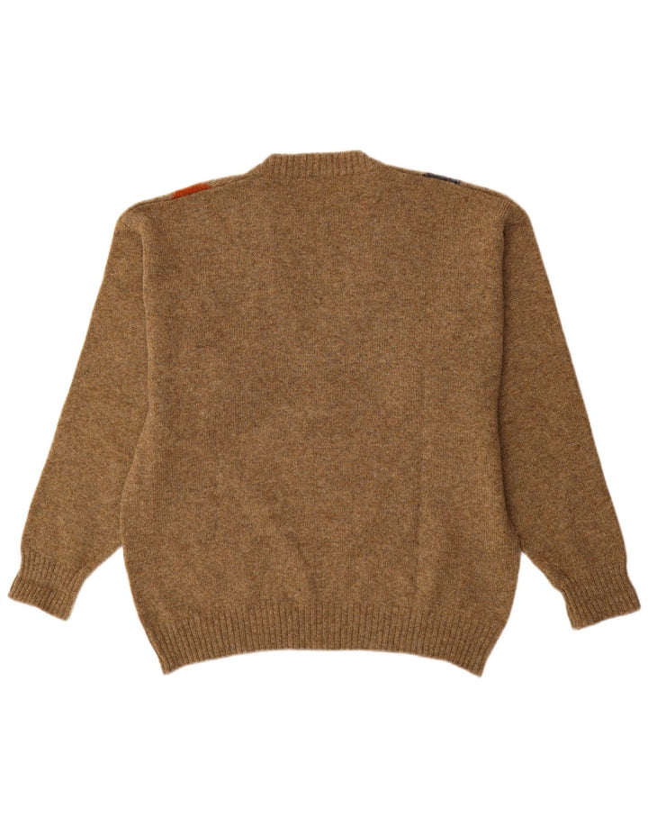 Vintage Mens V-Neck Jumper Sweater Medium Brown Argyle/Diamond