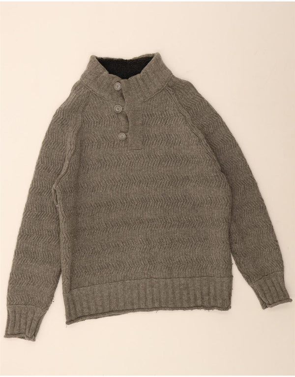 FAT FACE Mens Button Neck Jumper Sweater 2XL Grey Herringbone Wool