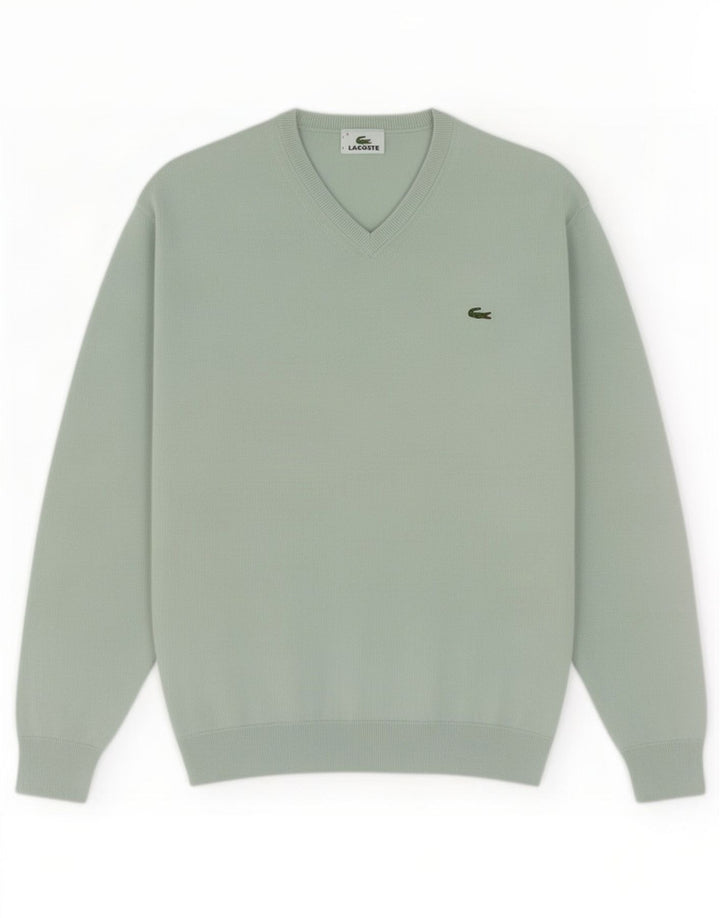Lacoste Mens V-Neck Jumper Sweater Size 4 Medium Turquoise Cotton