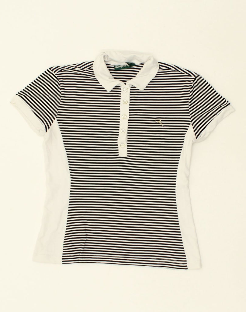 CHERVO Womens Polo Shirt IT 42 Medium White Striped Cotton | Vintage Chervo | Thrift | Second-Hand Chervo | Used Clothing | Messina Hembry 