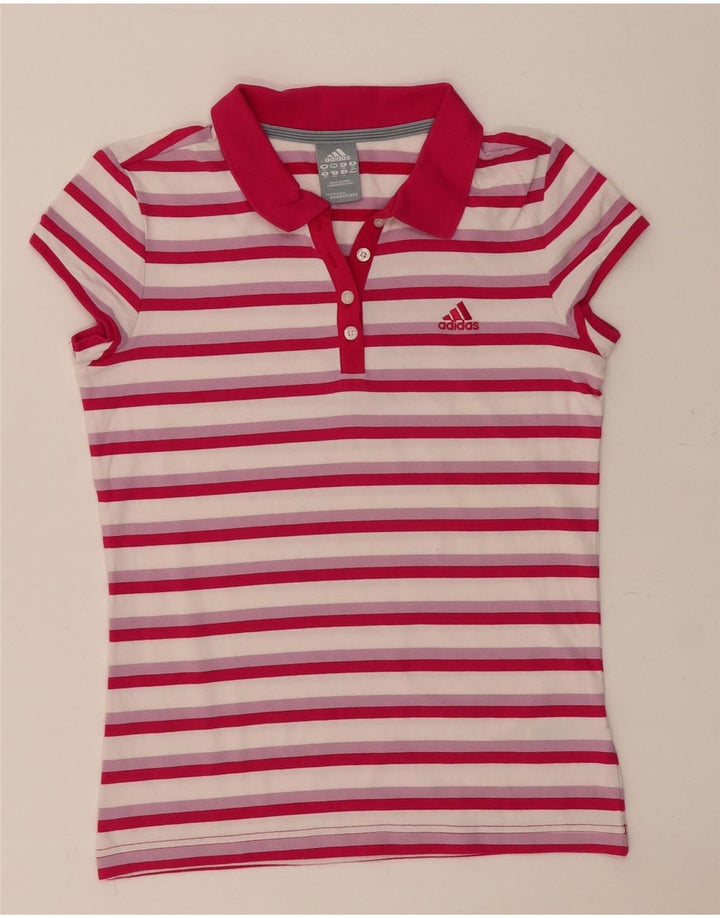Adidas Womens Polo Shirt UK 12 Medium Pink Striped Cotton