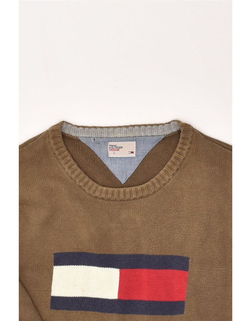 TOMMY HILFIGER Mens Graphic Boat Neck Jumper Sweater Large Brown Cotton | Vintage Tommy Hilfiger | Thrift | Second-Hand Tommy Hilfiger | Used Clothing | Messina Hembry 