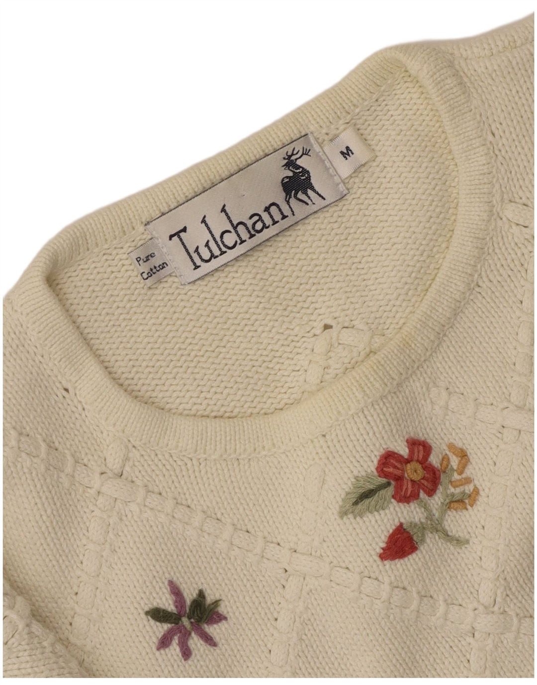 TULCHAN Womens Crew Neck Jumper Sweater UK 14 Medium White Floral Cotton