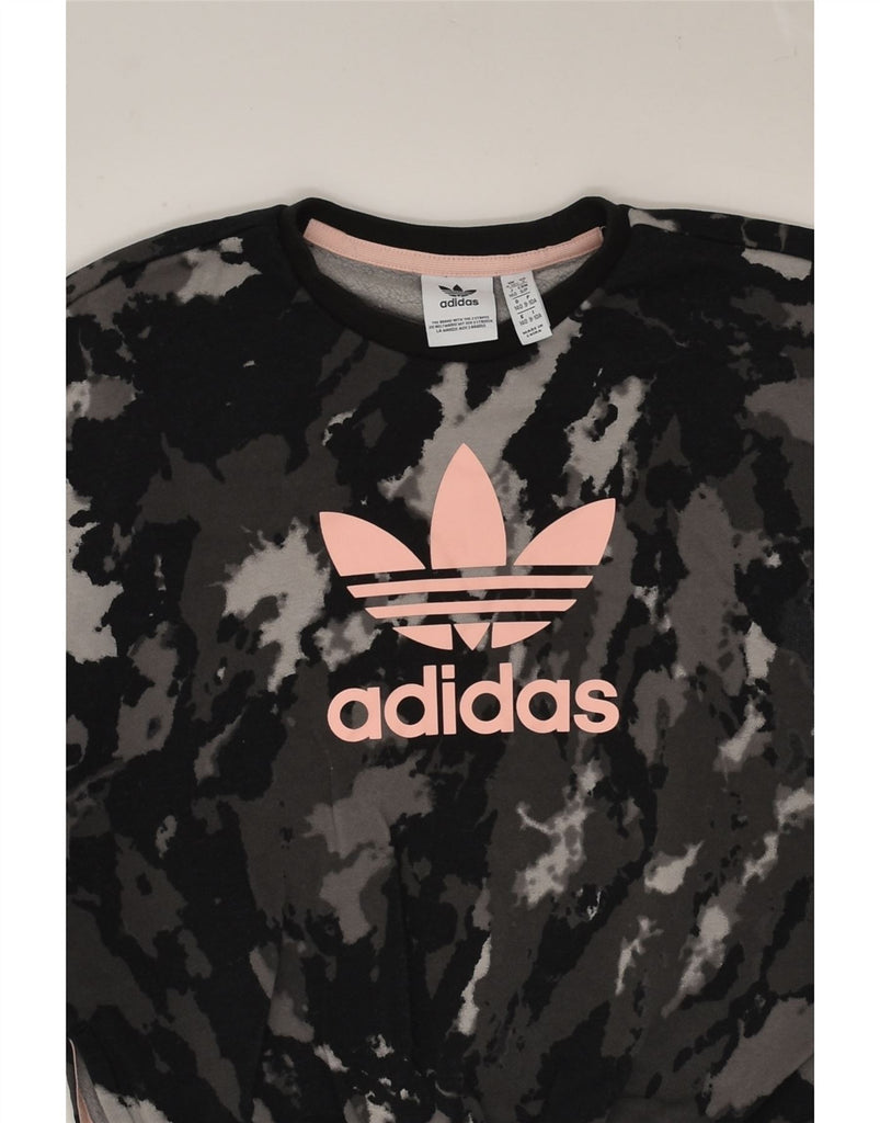 ADIDAS Girls Graphic Sweatshirt Jumper 9-10 Years Black Camouflage Cotton | Vintage Adidas | Thrift | Second-Hand Adidas | Used Clothing | Messina Hembry 