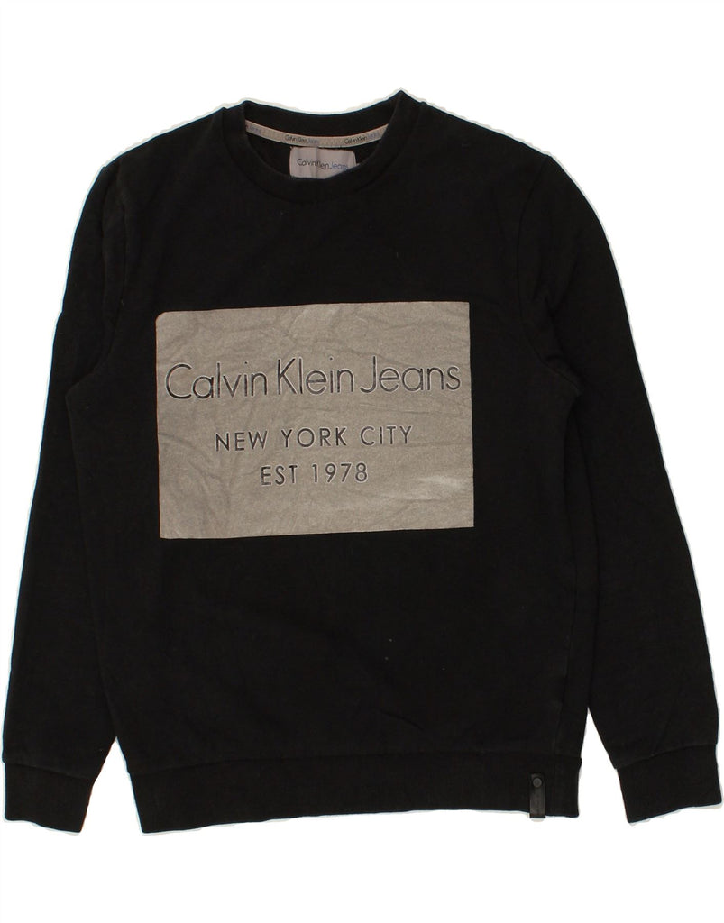 CALVIN KLEIN JEANS Womens Graphic Sweatshirt Jumper UK 14 Medium Black | Vintage Calvin Klein Jeans | Thrift | Second-Hand Calvin Klein Jeans | Used Clothing | Messina Hembry 