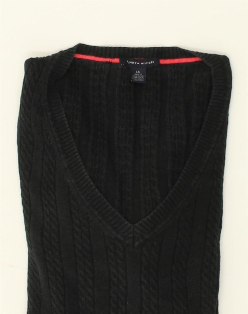 TOMMY HILFIGER Womens V-Neck Jumper Sweater UK 14 Large Black Cotton | Vintage Tommy Hilfiger | Thrift | Second-Hand Tommy Hilfiger | Used Clothing | Messina Hembry 