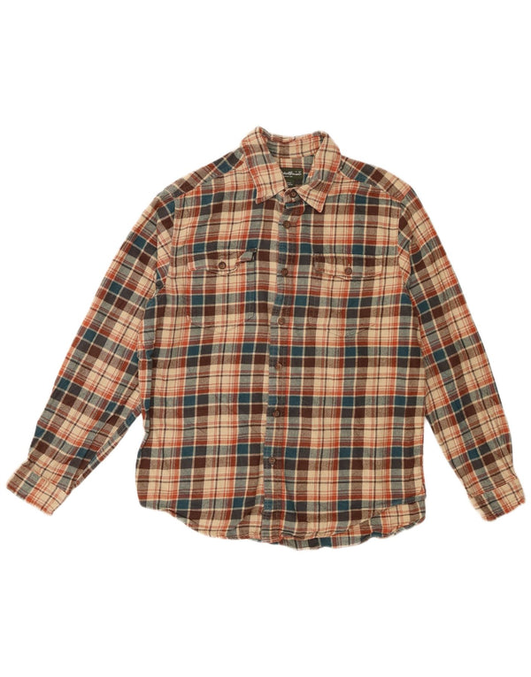 Eddie Bauer Mens Flannel Shirt Large Beige Check Cotton
