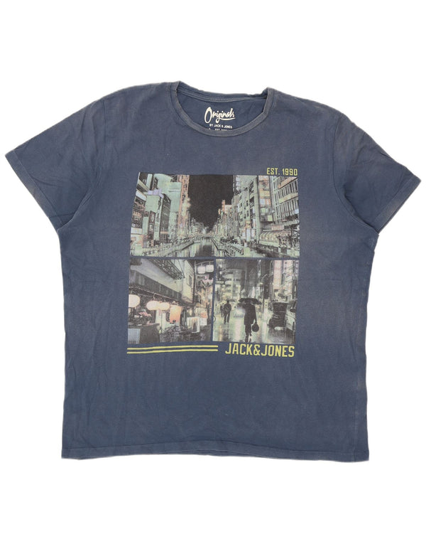 Jack & Jones Mens Graphic T-Shirt Top XL Navy Blue Cotton