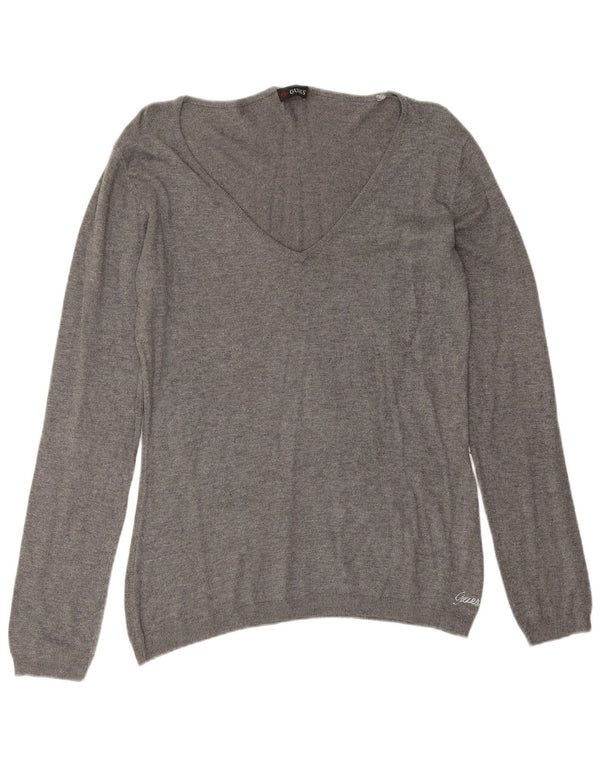 Guess Womens V-Neck Jumper Sweater UK 16 Large Grey Flecked Viscose