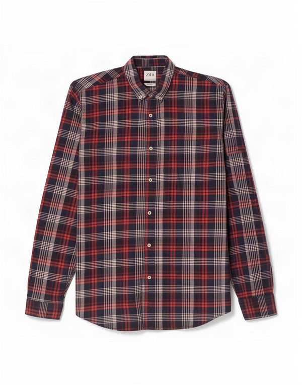 Zara Mens Relaxed Fit Flannel Shirt Large Red Check Cotton