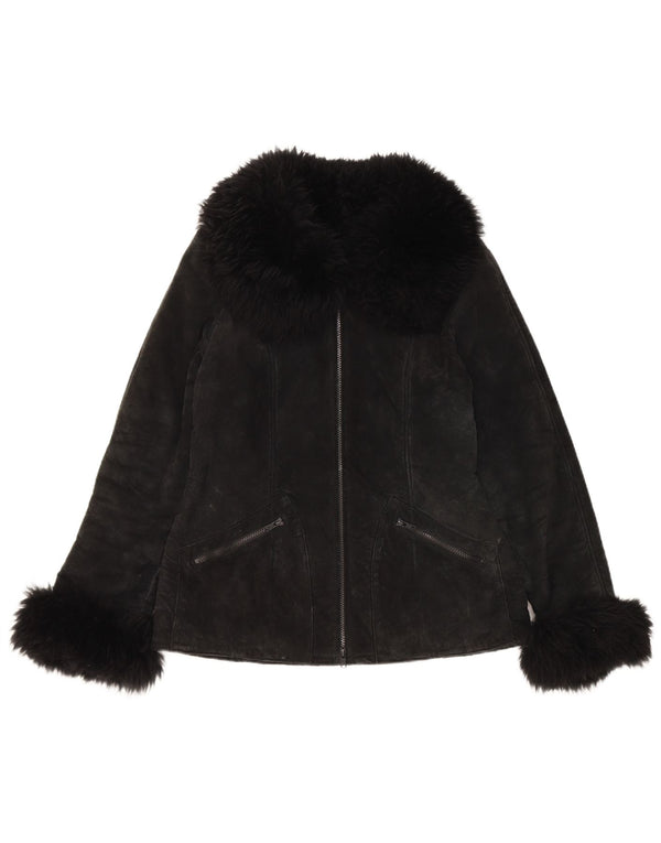 Vintage Womens Sherpa Suede Jacket UK 10 Small Black Leather