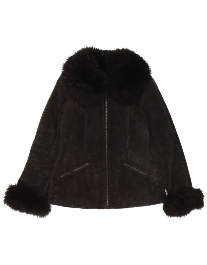 Vintage Womens Sherpa Suede Jacket UK 10 Small Black Leather