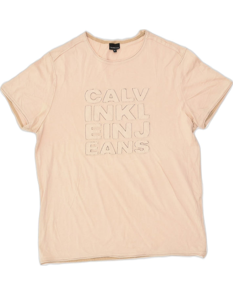 CALVIN KLEIN JEANS Womens Graphic T-Shirt Top UK 12 Medium Beige Cotton | Vintage Calvin Klein Jeans | Thrift | Second-Hand Calvin Klein Jeans | Used Clothing | Messina Hembry 