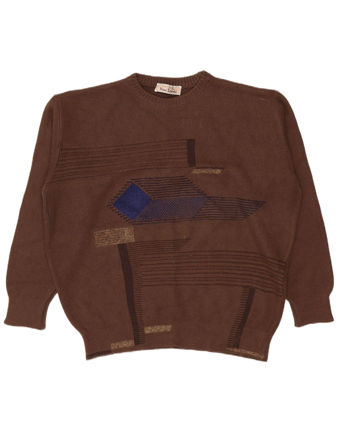 Vintage Mens Crew Neck Jumper Sweater Large Brown Geometric