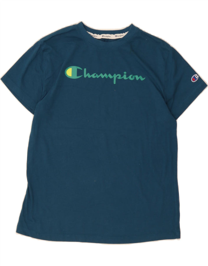 CHAMPION Womens Graphic T-Shirt Top UK 14 Medium Blue Cotton Vintage Champion and Second-Hand Champion from Messina Hembry 