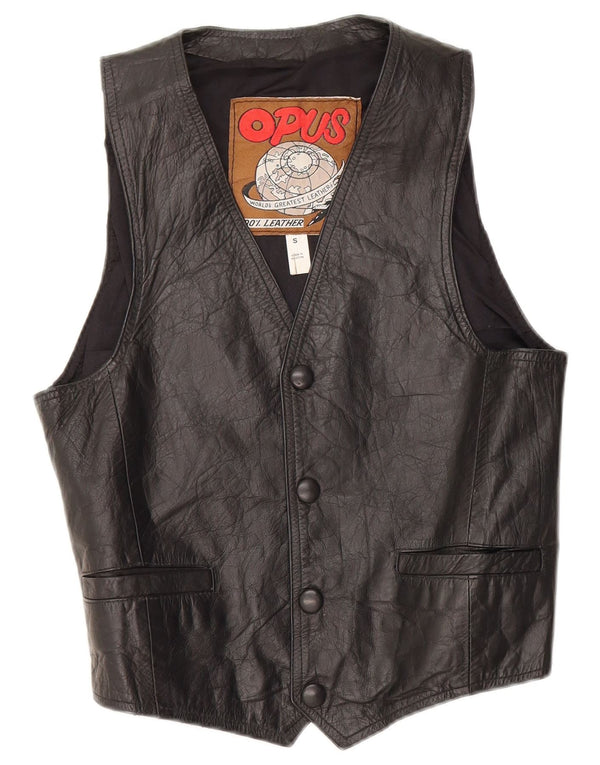 VINTAGE Mens Leather Waistcoat Small Black Leather