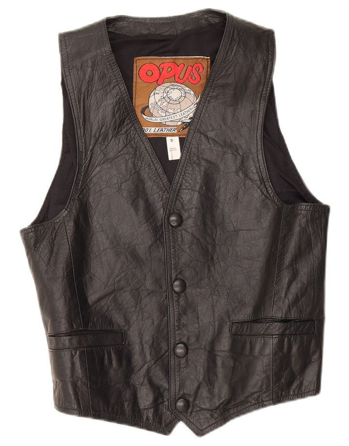 VINTAGE Mens Leather Waistcoat Small Black Leather
