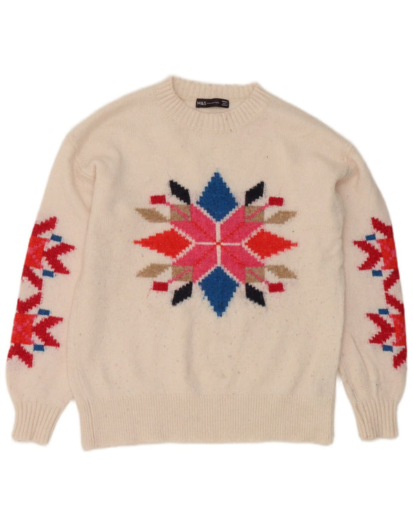 Marks & Spencer Womens Boat Neck Jumper Sweater UK 10 Small White Fair Isle