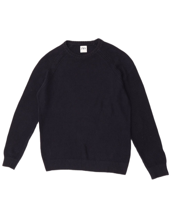 Zara Mens Crew Neck Jumper Sweater Large Navy Blue Cotton