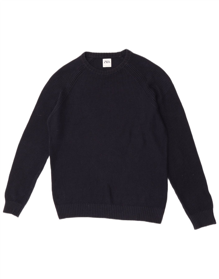 Zara Mens Crew Neck Jumper Sweater Large Navy Blue Cotton