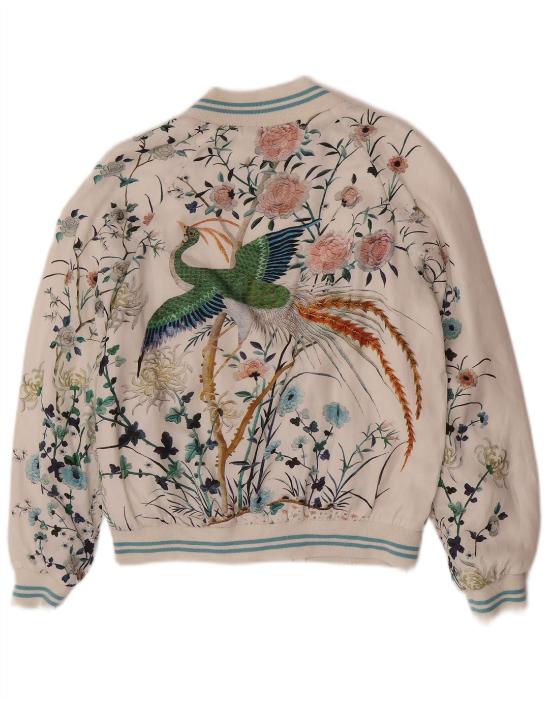 Zara Womens Graphic Bomber Jacket UK 6 XS White Floral Polyester